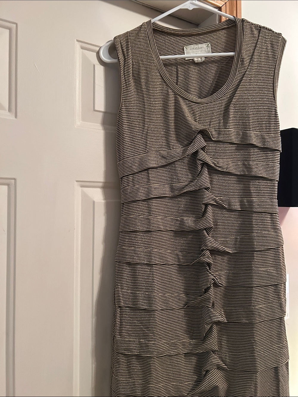 Sleeveless Ruffle-Front Midi Dress in Neutral Stripe